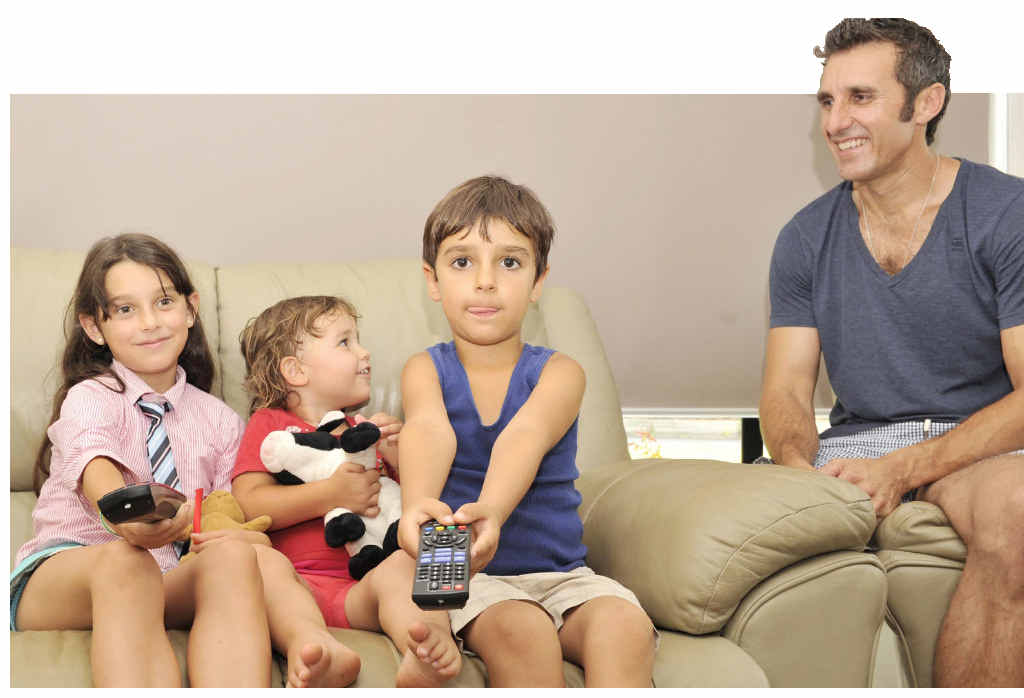 SCREEN-TIME: Bella, 10, Zadkiel, 6, Ajalae, 3, with dad Raymond Karam of Goonellabah where the kids’ TV viewing is monitored by the parents. SCREEN-TIME: Bella, 10, Zadkiel, 6, Ajalae, 3, with dad Raymond Karam of Goonellabah where the kids’ TV viewing is monitored by the parents.